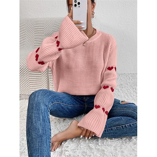 

Women's Pullover Sweater Jumper Crew Neck Ribbed Knit Acrylic Oversized Fall Winter Regular Outdoor Daily Going out Stylish Casual Soft Long Sleeve Heart White Pink Camel S M L