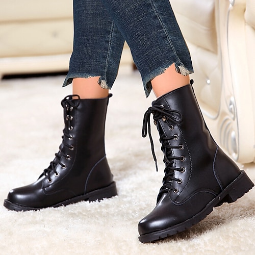 

Women's Boots Combat Boots Motorcycle Boots Plus Size Daily Booties Ankle Boots Beading Flat Heel Round Toe Casual Comfort Faux Leather Zipper Lace-up Black