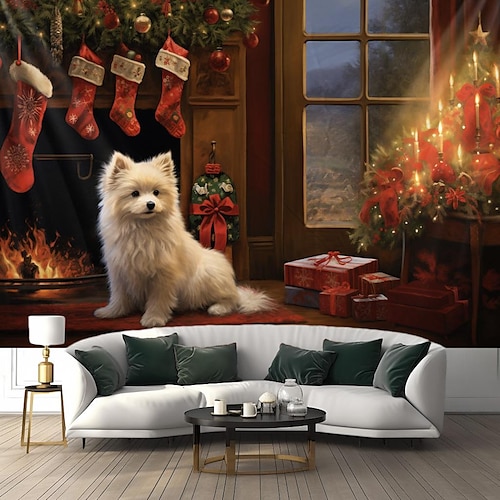 

Weihnachten Tier Hund hängende Wandteppich Kunst große Weihnachten Wandteppich Wanddekor Foto Hintergrund Decke Vorhang Zuhause Schlafzimmer Wohnzimmer Dekoration