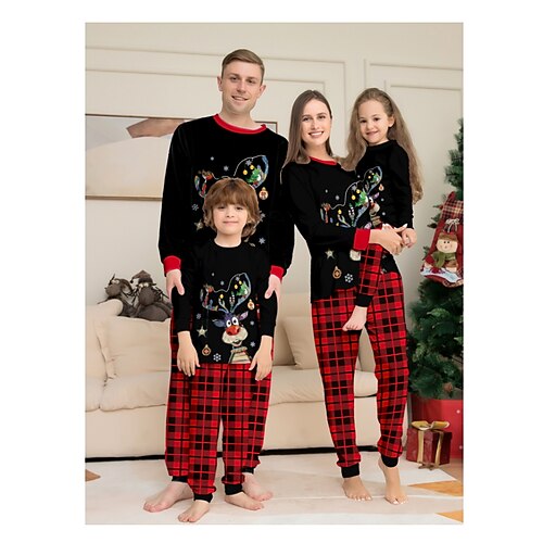 

Olhar de família Natal Pijamas Algodão Gráfico Pijama Xadrez Pijama de Natal fofo Escola Imprimir Vermelho Manga Longa Roupas Mamãe e Eu Ativo Roupas Combinando