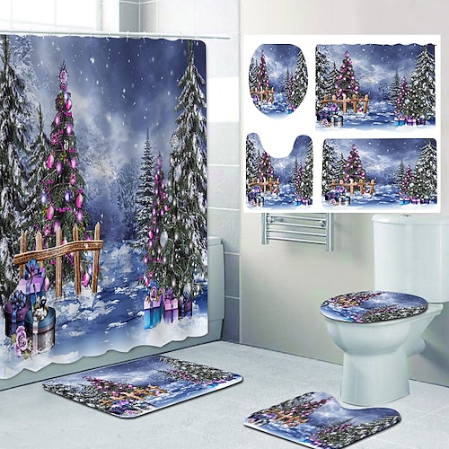 

4 Pcs Shower Curtain Set Bathroom Sets Modern Home Bathroom Decor with Bath Mat U Shape and Toilet Lid Cover Mat and 12 Hooks