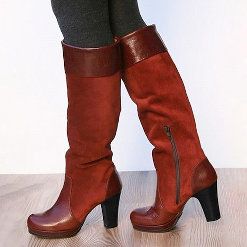 

Mulheres Botas Tamanhos Grandes Botas de salto Casamento Festa Natal Botas Longas Inverno Salto Robusto Ponta Redonda Vintage Elegante Sensual Camursa Sintética zíper Mocassim Côr Sólida Preto