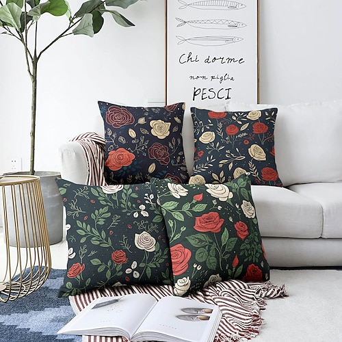 

Housse de coussin double face avec roses à fleurs, taie d'oreiller carrée décorative douce, pour chambre à coucher, salon, canapé, chaise, 4 pièces