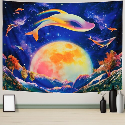 

Blacklight Tapestry UV Reactive Glow in the Dark Trippy Moon Dophin Misty Nature Landscape Hanging Tapestry Wall Art Mural for Living Room Bedroom