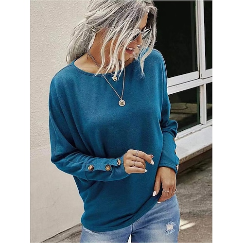 

Damen T Shirt Wein Blau Dunkelgray Glatt Langarm Täglich Wochenende Modisch Rundhalsausschnitt Regular Fit Frühling Herbst