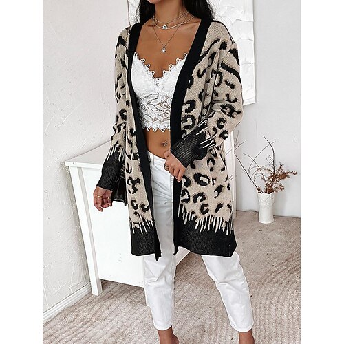 

Gilet Cardigan Maille Femme A côtes Tricoter Longue Patchwork Léopard Ouvrir le devant mode Décontractées Extérieur du quotidien manche longue Automne Hiver Kaki S M L