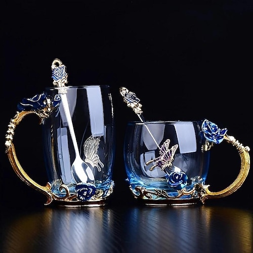

1 шт. стеклянная чашка, хрустальная чашка для чая с розовой эмалью, кофейная кружка, стакан, стакан с бабочкой и розой, чашки для воды с цветами, прозрачное стекло с набором ложек