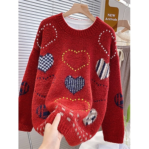 

Women's Ugly Christmas Sweater Pullover Sweater Jumper Christmas Sweaters Crew Neck Ribbed Knit Acrylic Knitted Fall Winter Regular Outdoor Xmas Daily Fashion Casual Soft Long Sleeve Heart White