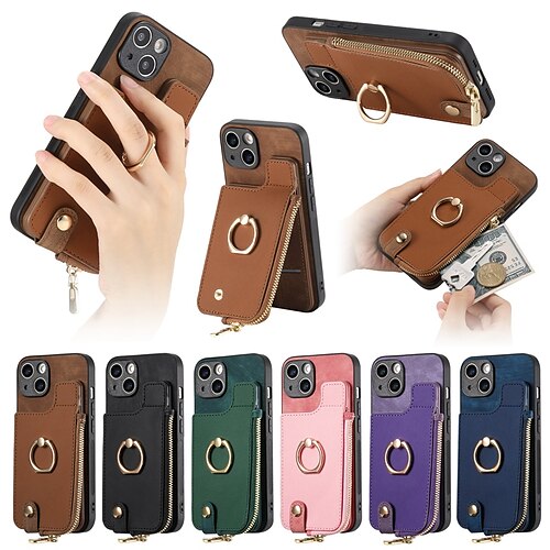 

teléfono Funda Para iPhone 15 Pro Max Plus iPhone 14 13 12 11 Pro Max Mini SE X XR XS Max 8 7 Plus Tarjetas billetera Soporte para Anillo Cremallera Ranura para tarjetas Color sólido TPU ordenador