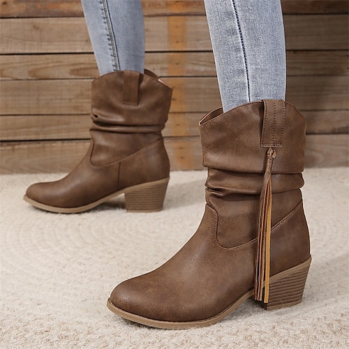 

Women's Boots Cowboy Boots Plus Size Cowgirl Boots Outdoor Daily Booties Ankle Boots Tassel Block Heel Chunky Heel Pointed Toe Vintage Minimalism Industrial Style PU Loafer Light Brown Brown