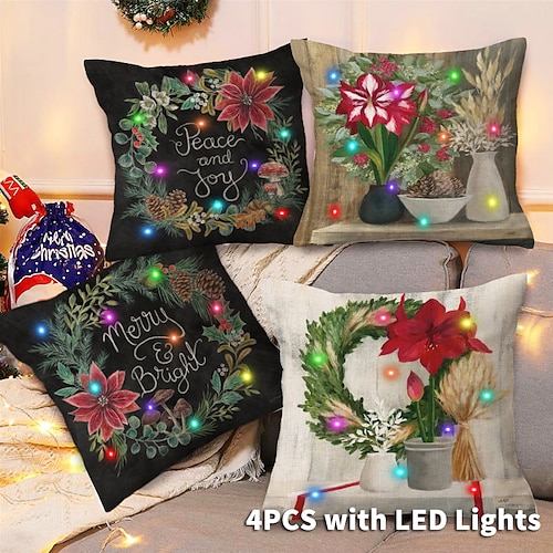 

Housse de coussin avec lumières LED de Noël, taie d'oreiller carrée décorative douce pour chambre à coucher, salon, canapé, chaise, qualité supérieure, 4 pièces