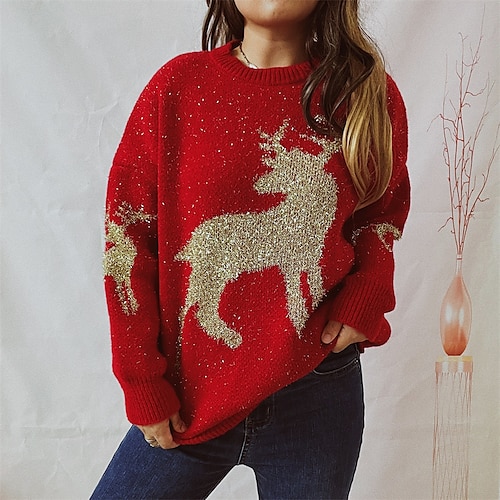

Pull Chandails de Noël Femme Grosse maille Tricoter Col Ras du Cou Polyester Broderie Printemps Automne Hiver Normal Noël du quotidien Nouvelle An Mode du quotidien Style vintage manche longue Chaque
