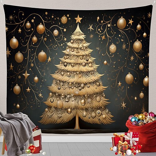 

Christmas Gold Trees Hanging Tapestry Wall Art Xmas Scandinavian Folk Art Large Tapestry Mural Decor Photograph Backdrop Blanket Curtain Home Bedroom Living Room Decoration