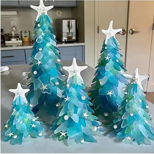 

arbre de Noël en verre de mer, ornement d'arbre de Noël en verre de mer, cadeau d'étoile en verre de mer, ornements de décoration d'arbre de Noël en verre de mer bleu cristal et vert