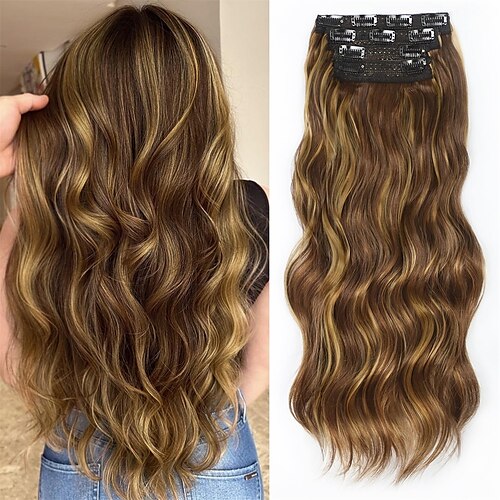 

Extensiones de cabello 4 piezas clip en extensiones de cabello 20 pulgadas marrón chocolate mezcla caramelo rubio largo ondulado natural suave postizos sintéticos para mujeres