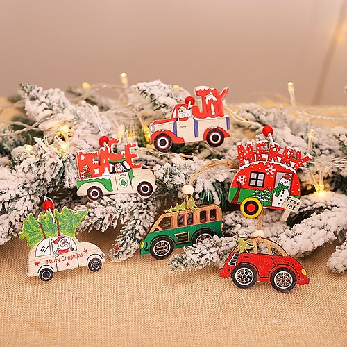 

Adornos navideños colgante de madera colgante creativo de árbol de Navidad con forma de coche de dibujos animados navideños.