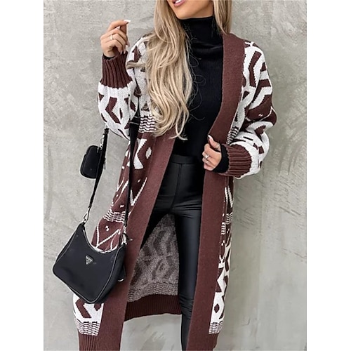 

Mulheres Sueter Cardigan Abertura Frontal Estriado Tricotar Acrílico Patchwork Outono Inverno Longo Ao ar livre Diário Para Noite à moda Casual Macia Manga Longa Geométrica Preto Camelo S M L