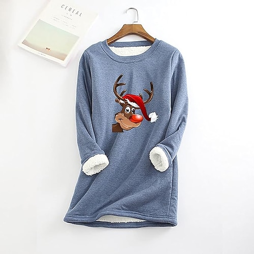 

Damen Zur Seite fahren Weihnachts -Sweatshirt Vlies Teddy Fuzzy Bedruckt Schwarz Rosa Blau Rentier Party Weihnachten Rundhalsausschnitt Langarm Oberteil Mikro-elastisch Herbst Winter