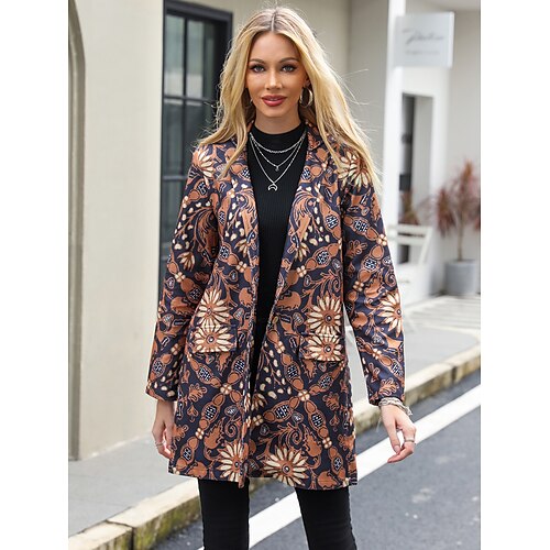 

Manteau Femme Extérieur Bureau / Carrière Plein Air du quotidien Contemporain mode Confortable Style de rue Avec poches Imprimer Longue Manteau Noir Jaune Bleu Marine Automne Hiver Boutonnage Simple