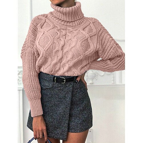 

Women's Pullover Sweater Jumper Turtleneck Cable Knit Knit Oversized Fall Winter Regular Outdoor Daily Going out Stylish Casual Soft Long Sleeve Solid Color White Yellow Pink S M L