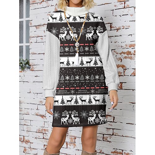 

Women's Sweater Dress Christmas Sweaters Stand Collar Ribbed Knit Polyester Knitted Print Fall Winter Long Christmas Holiday Going out Daily Stylish Casual Long Sleeve Santa Claus Black White S M L