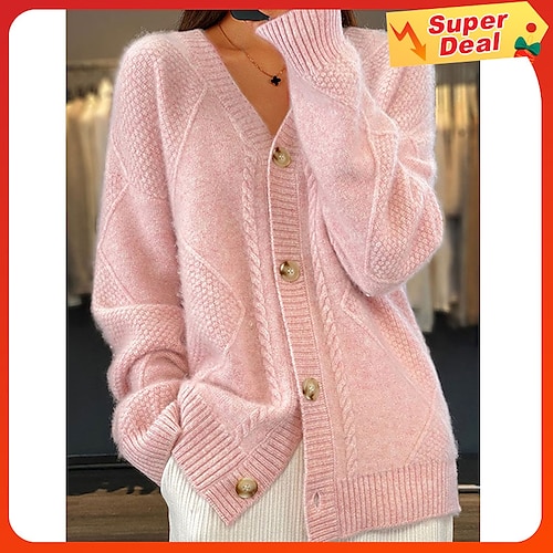 

Women's Cardigan Sweater V Neck Ribbed Knit Acrylic Button Fall Winter Regular Daily Going out Weekend Stylish Casual Soft Long Sleeve Solid Color Pink Red Camel S M L