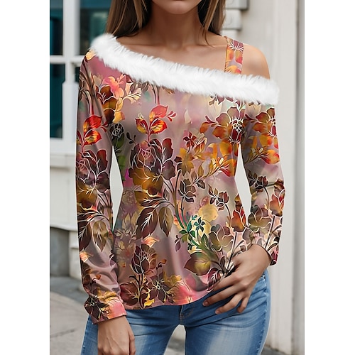 

Damen T Shirt Rote Grün Blumen Bedruckt Langarm Festtage Wochenende Modisch Diagonaler Hals Pelzkragen Regular Fit Blume Farbe Frühling Herbst