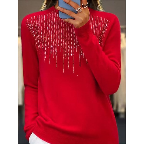 

Women's Sparkly Pullover Sweater Jumper Crew Neck Ribbed Knit Acrylic Sequins Fall Winter Regular Outdoor Daily Going out Stylish Casual Long Sleeve Solid Color Black White Light Green S M L
