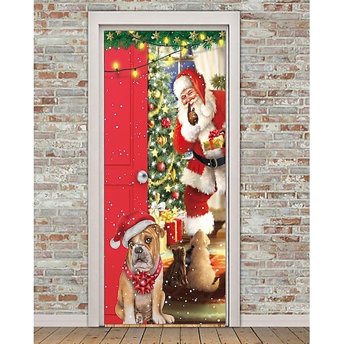 

noël père noël chien porte couvre porte tapisserie porte rideau décoration noël toile de fond porte bannière pour porte d'entrée noël vacances fête décor fournitures