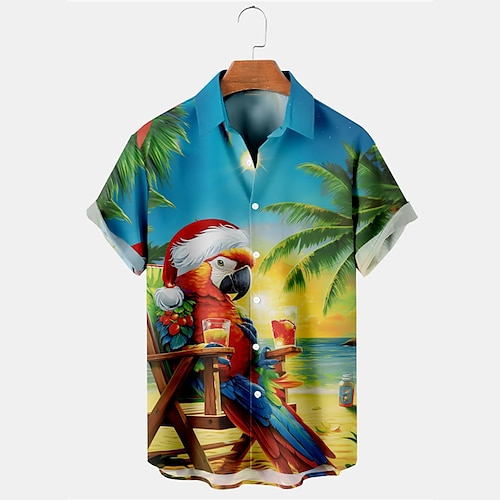 

Kokosnussbaum Papagei Hawaiianisch Herren Hemd Outdoor Weihnachten Strasse Herbst Umlegekragen Kurzarm Königliches Blau Blau Himmelblau S M L Hemd