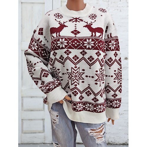 

Women's Ugly Christmas Sweater Pullover Sweater Jumper Christmas Sweaters Crew Neck Ribbed Knit Acrylic Knitted Fall Winter Regular Outdoor Xmas Daily Fashion Casual Soft Long Sleeve Elk