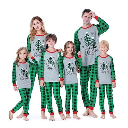 

Family Christmas Pajamas Graphic Cartoon Home Print Deep Green Green Long Sleeve Mommy And Me Outfits Active Matching Outfits