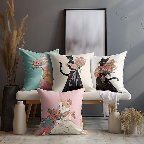 

Funda de almohada de doble cara con gatos de dibujos animados, funda de cojín cuadrada decorativa suave de 4 piezas, funda de almohada para dormitorio, sala de estar, sofá, silla