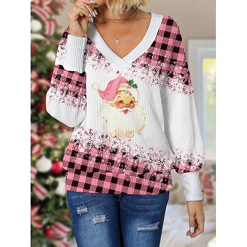 

Women's Christmas Sweater Pullover Sweater Jumper V Neck Crochet Knit Print Drop Shoulder Fall Winter Regular Stylish Casual Soft Long Sleeve Plaid Santa Claus Pink S M L