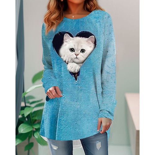 

Damen T Shirt Katze 3D Gelb Rosa Marineblau Bedruckt Langarm Täglich Wochenende Modisch Rundhalsausschnitt Regular Fit Frühling Herbst