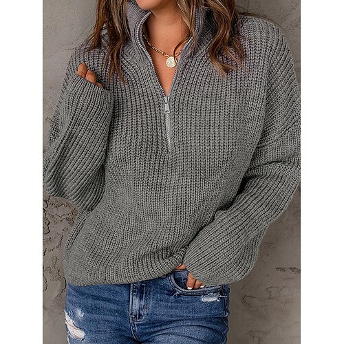 

Damen Pullover Ständer Gerippt Stricken Polyester Zip Herbst Winter Standard Outdoor Täglich Ausgehen Stilvoll Brautkleider schlicht Weich Langarm Feste Farbe Schwarz Gelb Wein S M L