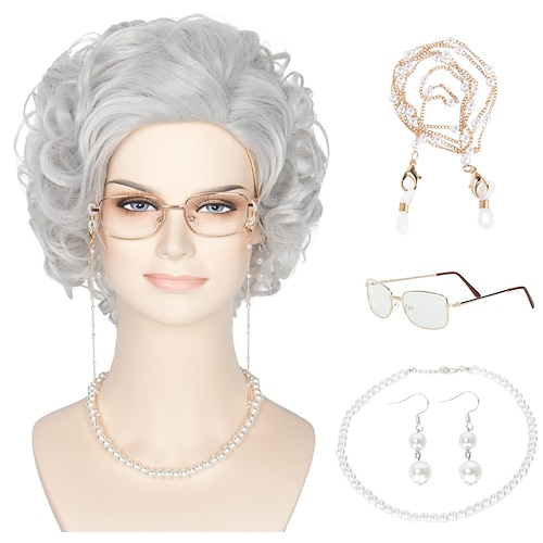 

Old Lady Wig Women Short Silver Grey Curly Grandma Granny Wig Set 5pcs Halloween Party Cosplay Wig