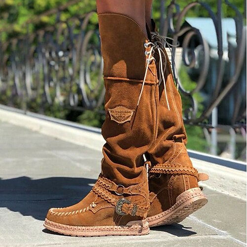 

Femme Bottes Bottes Cow boy Chaussures en daim Grandes Tailles Extérieur du quotidien Bottes genou Hiver Gland Talon caché Bout rond Rétro Vintage Elégant Marche Cuir Lacet Couleur unie Gris clair