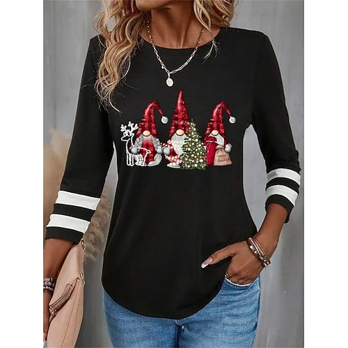 

Mulheres Camiseta Camisa de Natal Preto Vermelho Azul Árvore de Natal Ajudante do papai noel Imprimir Manga Longa Natal Final de semana Festival / feriado Decote Redondo Normal Pintura Primavera