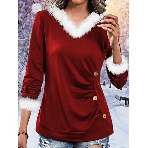 

Women's Pullover Christmas Sweatshirt Sportswear Festival Button Red Solid Color Party Christmas Fur Collar Long Sleeve Top Micro-elastic Fall Winter