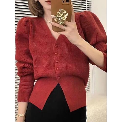 

Mujer Cárdigan Chaqueta suéter Escote en Pico Estriado Tejer Poliéster Botón De Punto Otoño Invierno Regular Exterior Navidad Diario Elegante Casual Suave Manga Larga Color sólido Rojo Morado Caqui S