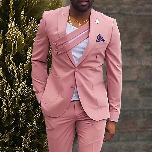 

Pink Purple Men's Wedding Suits 2 Piece Solid Colored Tailored Fit 2023