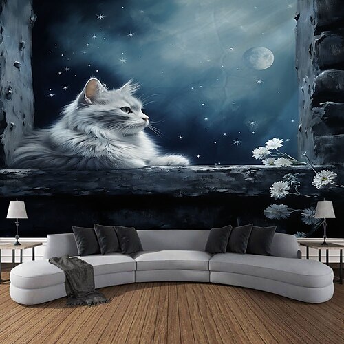 

Tapiz colgante de luna y gatos, arte de pared, tapiz grande, decoración mural, fotografía, telón de fondo, manta, cortina, decoración para el hogar, dormitorio y sala de estar