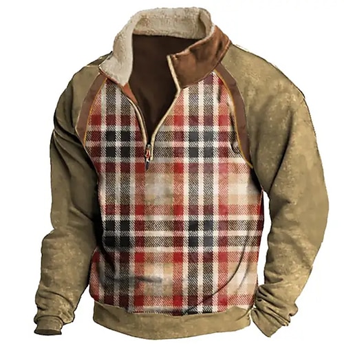 

Homens Moletom Moletom com zíper Marron Meio Zíper Xadrez Bloco de cor Patchwork Desportos e Ar livre Diário Feriado Roupa de rua Casual Lã fina Outono inverno Roupa Moletons Moletons