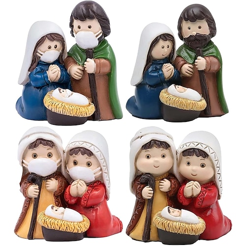 

Figuras de Belén de Navidad, figura de la Sagrada Familia, juego de pesebre con mensajes de Jesús, regalo de mesa religioso de resina para cristianos, decoración de escritorio interior de Navidad, decoración de Belén