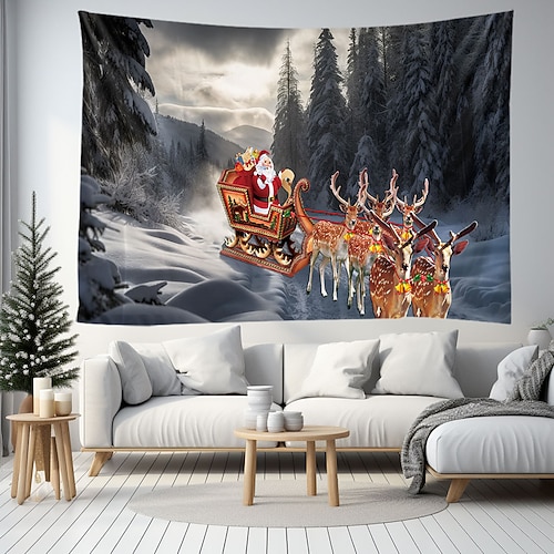 

Christmas Santa Sled Hanging Tapestry Wall Art Xmas Large Tapestry Mural Decor Photograph Backdrop Blanket Curtain Home Bedroom Living Room Decoration