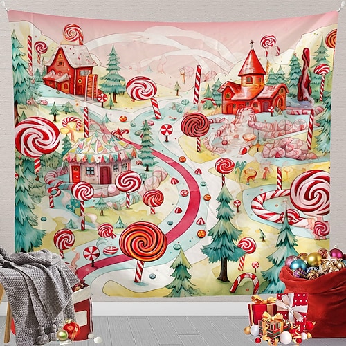 

Bastão de doces de natal pendurado tapeçaria arte da parede natal grande tapeçaria mural decoração fotografia pano de fundo cobertor cortina casa quarto sala de estar decoração