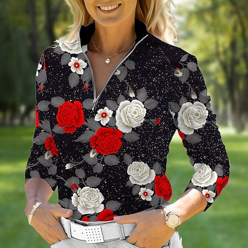 

Mulheres Camisa polo de caminhada Camisa de golfe Respirável Secagem Rápida Pavio Humido Manga Longa Vestuário de golfe Roupas de golfe Normal Zíper Colarinho Alto Floral Primavera Outono Tênis Golfe