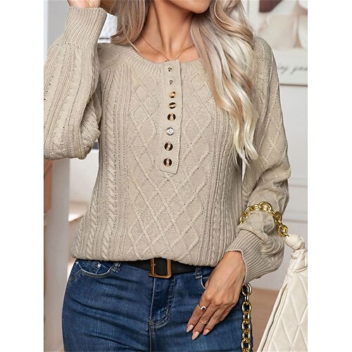 

Women's Crew Neck Cable Pullover Sweater Jumper Knit Acrylic Button Fall Winter Regular Outdoor Daily Going out Stylish Casual Soft Long Sleeve Solid Color White Green Apricot S M L