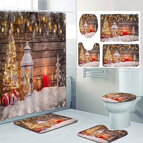 

4 pçs conjunto de cortina de chuveiro de natal conjuntos de banheiro moderna decoração de banheiro com tapete de banho em forma de u e tampa de vaso sanitário e 12 ganchos